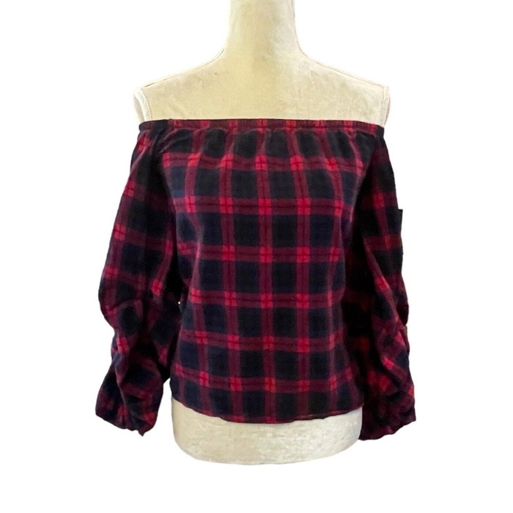 PPLA Red/Navy Flannel Plaid Off The Shoulder Long Ruched Sleeve Top Blouse Small